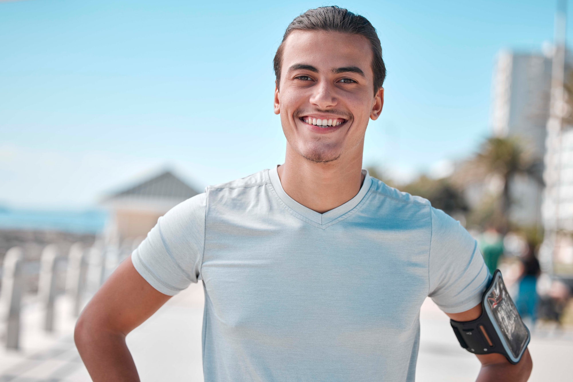 Fitness, exercise and portrait of man with smile ready to start workout, training and cardio warm u